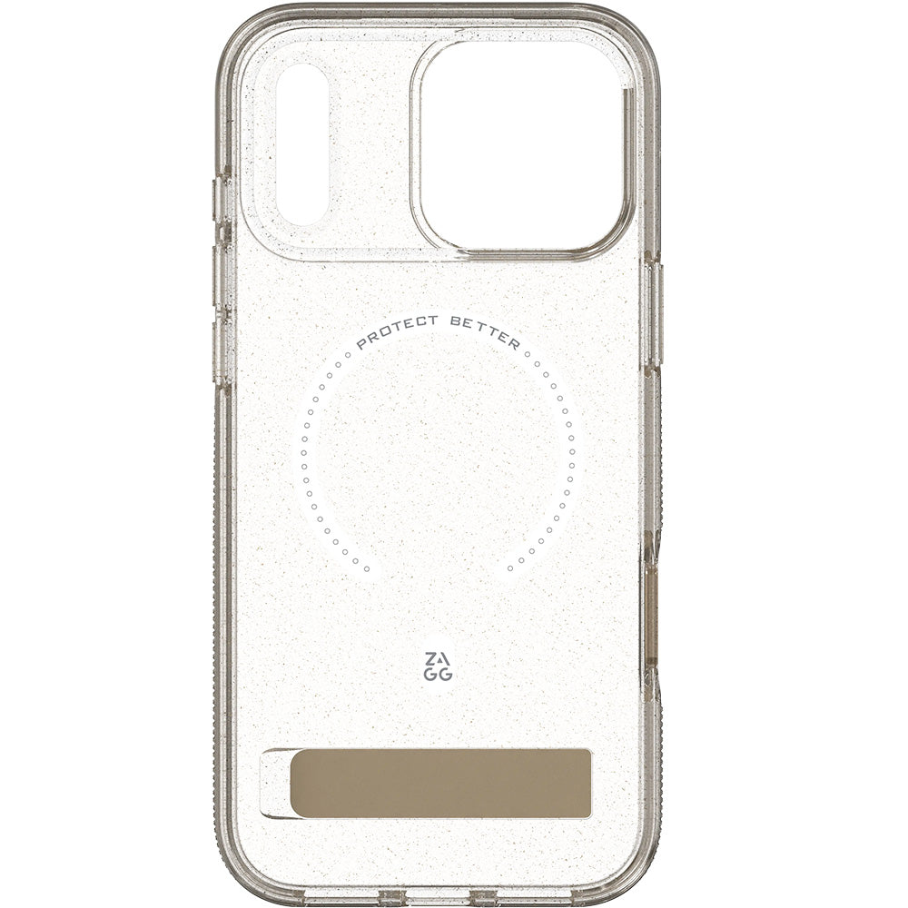 Handyhülle für iPhone 18 Pro / 17 Pro, ZAGG Milan Snap Kickstand mit MagSafe, Transparent-Gold mit Glitzer (4/6)