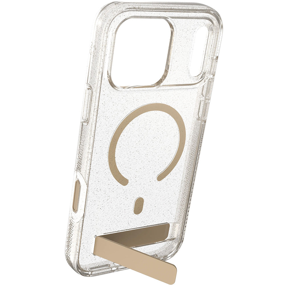 Handyhülle für iPhone 18 Pro / 17 Pro, ZAGG Milan Snap Kickstand mit MagSafe, Transparent-Gold mit Glitzer (5/6)