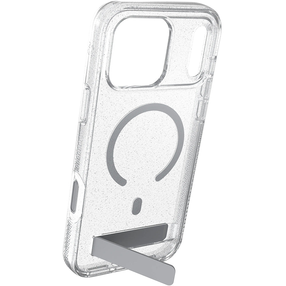 Handyhülle für iPhone 18 Pro / 17 Pro, ZAGG Milan Snap Kickstand mit MagSafe, Transparent-Silver mit Glitzer (4/7)