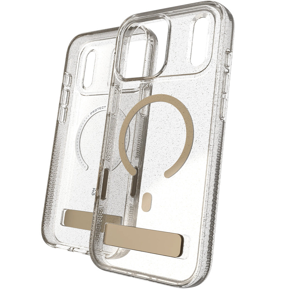 Handyhülle für iPhone 18 Pro Max / 17 Pro Max, ZAGG Milan Snap Kickstand mit MagSafe, Transparent-Gold mit Glitzer (2/6)