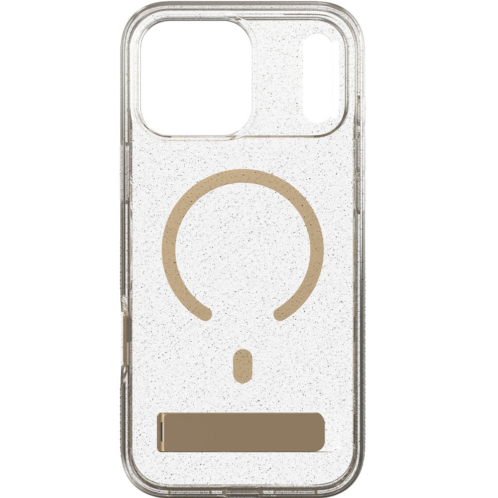Handyhülle für iPhone 18 Pro Max / 17 Pro Max, ZAGG Milan Snap Kickstand mit MagSafe, Transparent-Gold mit Glitzer (3/6)