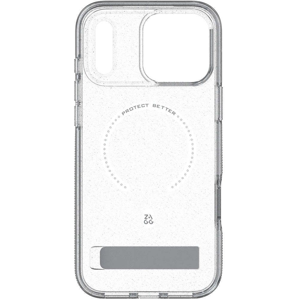 Handyhülle für iPhone 18 Pro Max / 17 Pro Max, ZAGG Milan Snap Kickstand mit MagSafe, Transparent-Silver mit Glitzer (3/7)