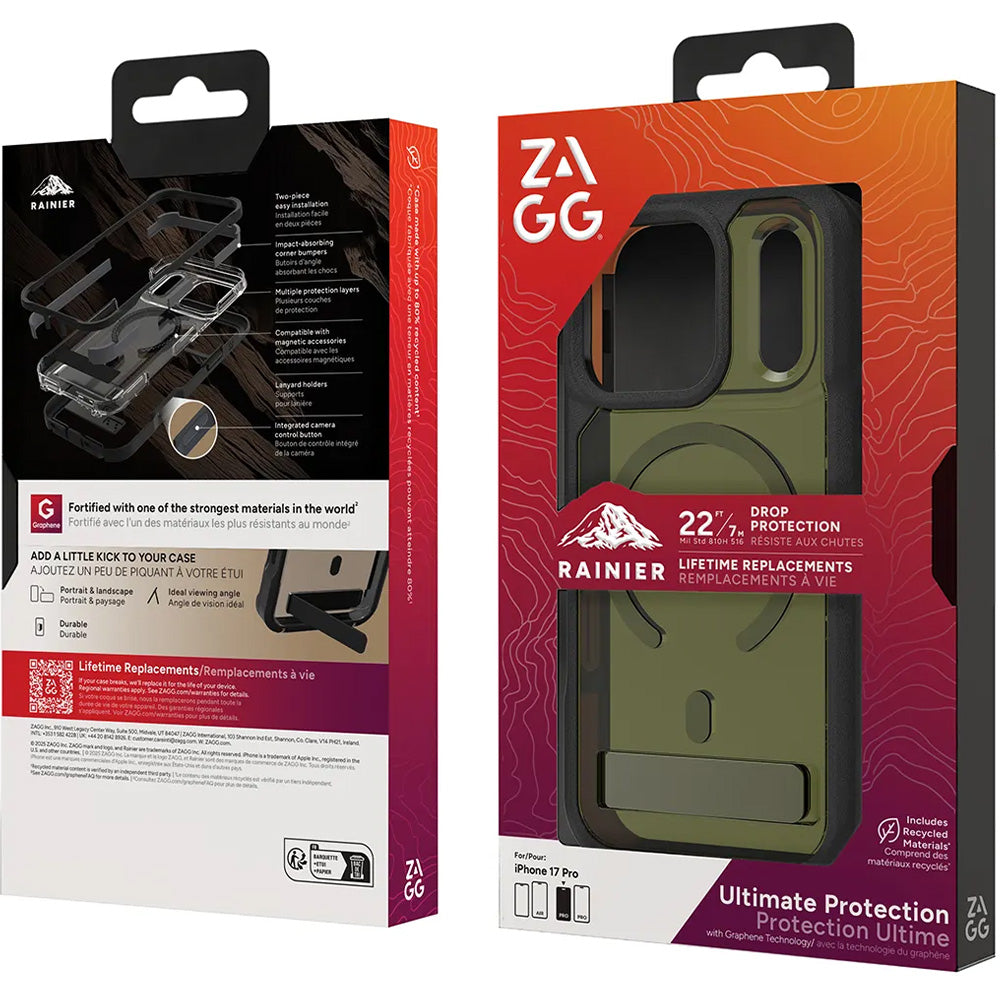 Handyhülle mit Ständer für iPhone 17 Pro, Zagg Rainier Snap Kickstand mit MagSafe, Transparent-Grün