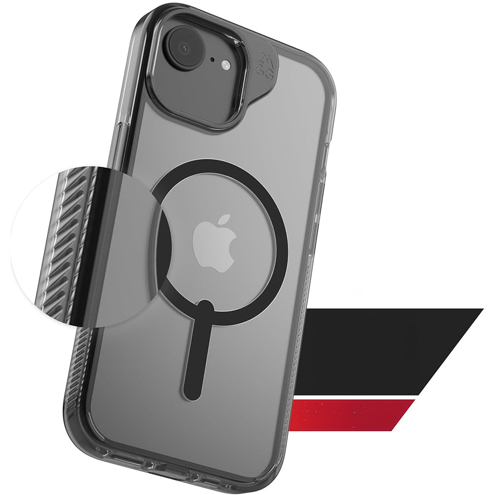 Handyhülle für iPhone 17e / 16e / 15 / 14 / 13, Zagg Santa Cruz Snap mit MagSafe, Transparent-Schwarz