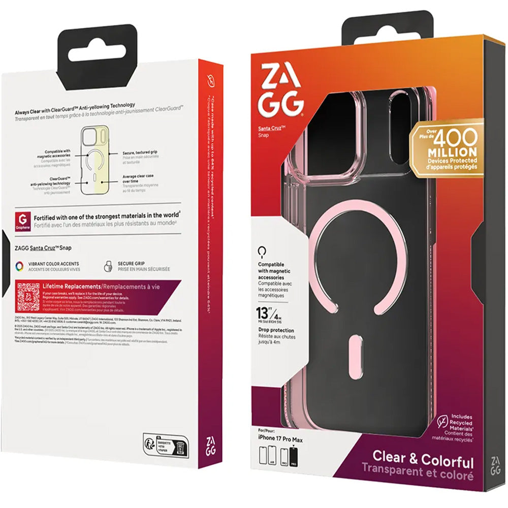 Handyhülle für iPhone 17 Pro Max, Zagg Santa Cruz Snap mit MagSafe, Transparent-Rosa