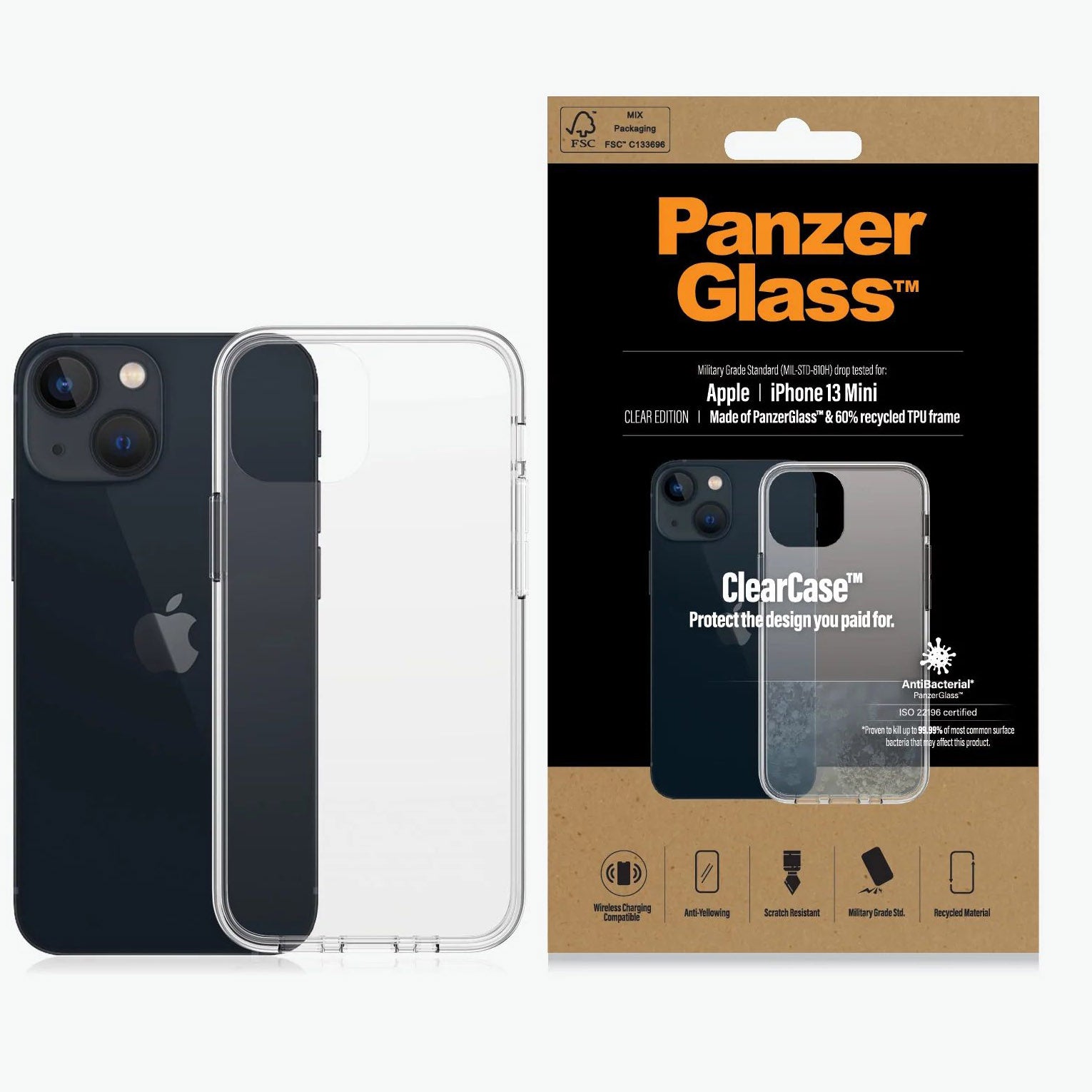 Antibakterielle Schutzhülle PanzerGlass ClearCase für iPhone 13 Mini, transparent