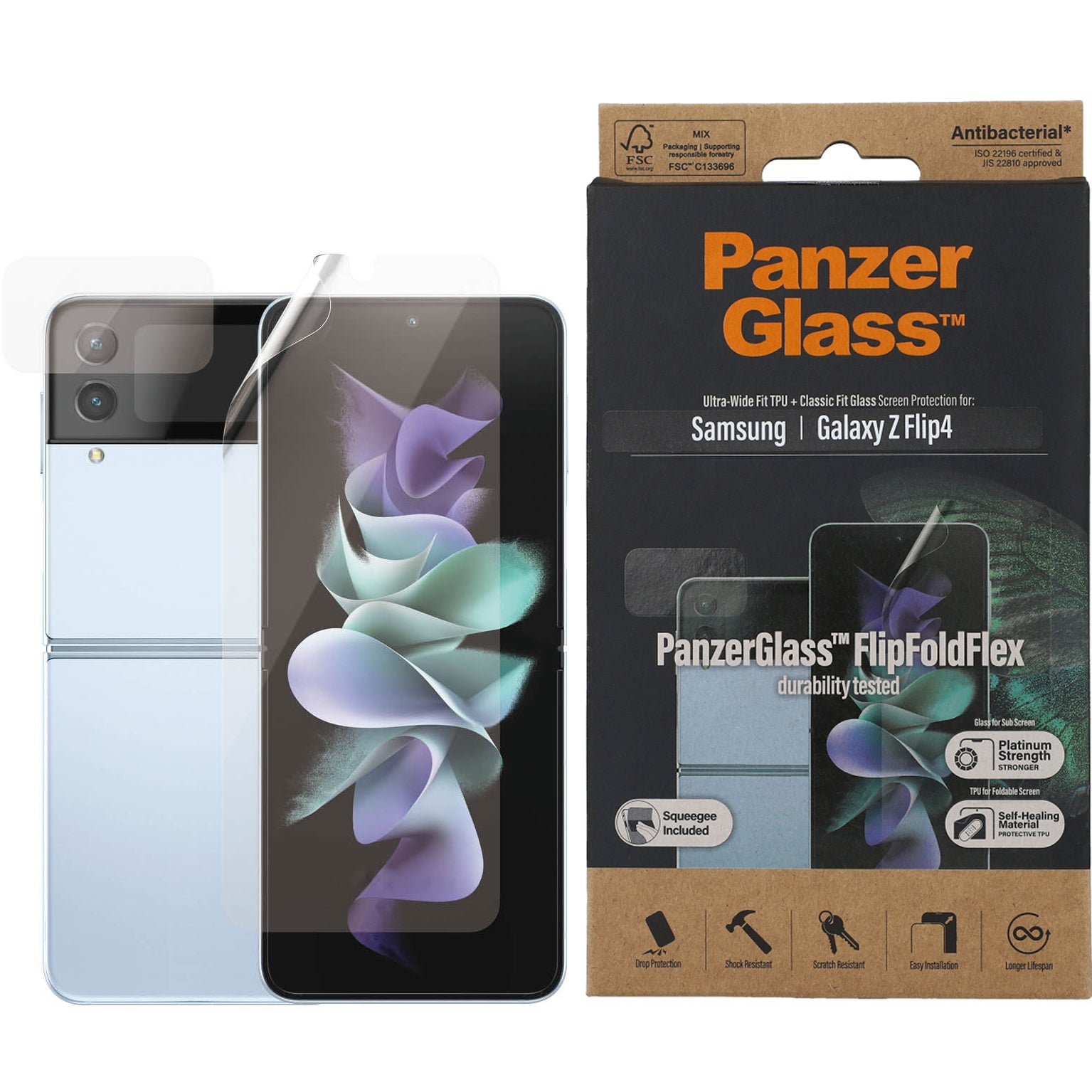 Set aus Folie PanzerGlass Ultra-Wide Fit TPU und gehärtetem Glas Classic Fit Glass für Galaxy Z Flip4