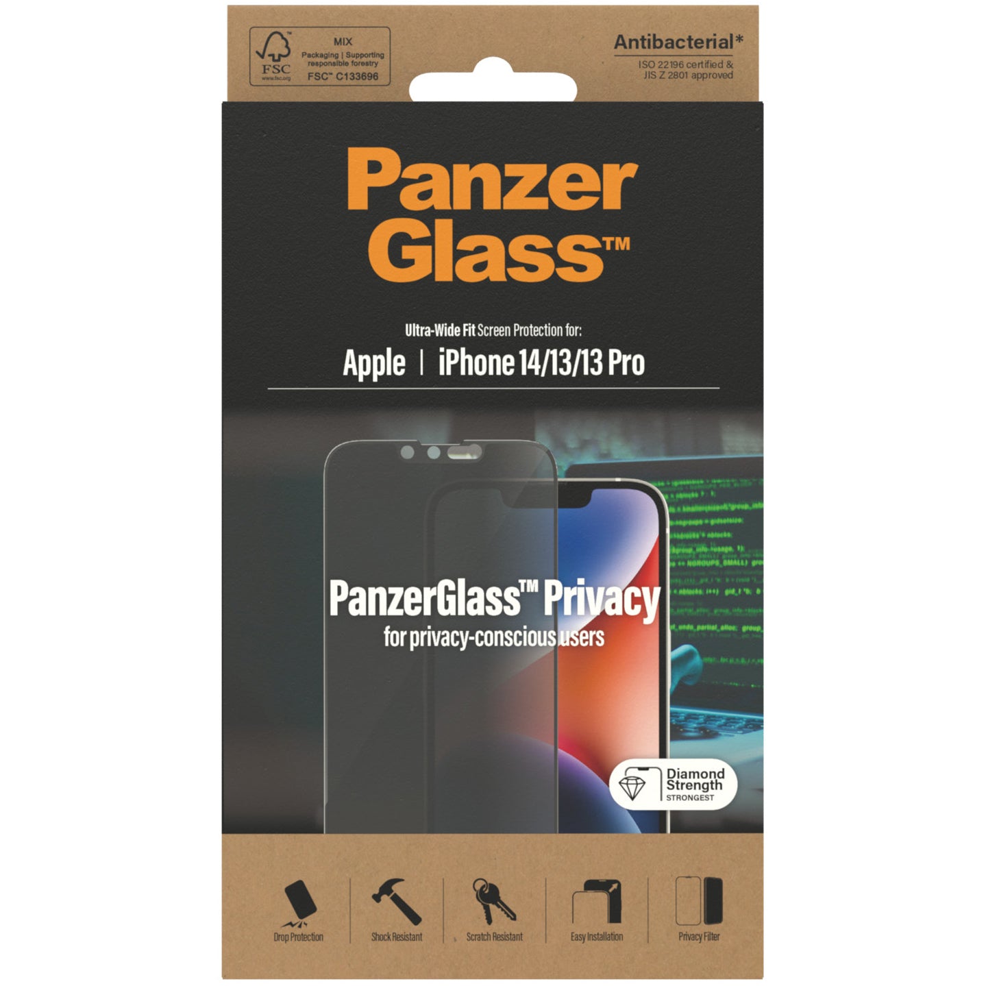 Gehärtetes Glas für iPhone 16e / 14 / 13 Pro / 13 für das gesamte Display, PanzerGlass Ultra-Wide Fit Privacy, Getönte mit schwarzer Rahmen