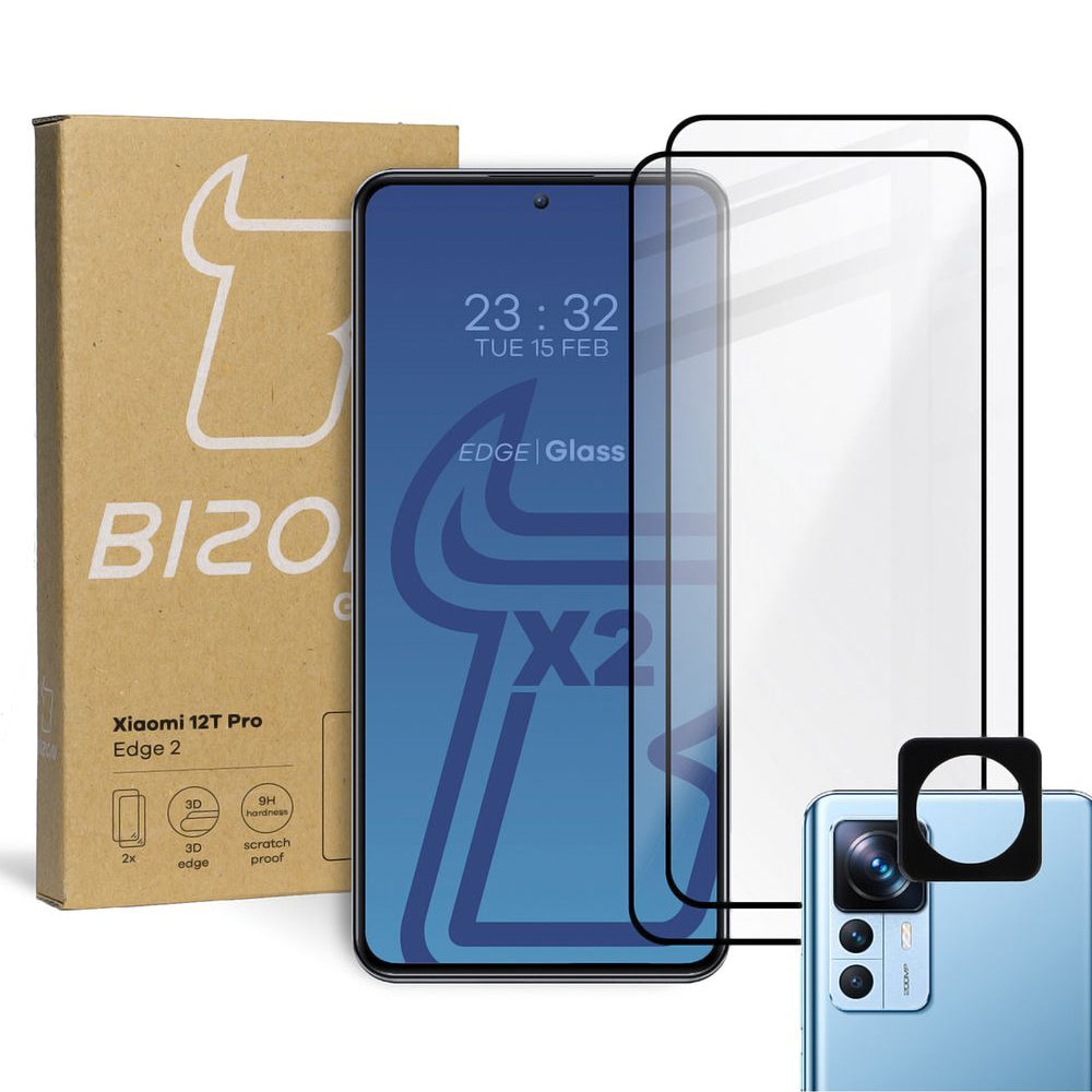 Gehärtetes Glas Bizon Glass Edge - 2 Stück + Kameraschutz, Xiaomi 12T Pro, Schwarz