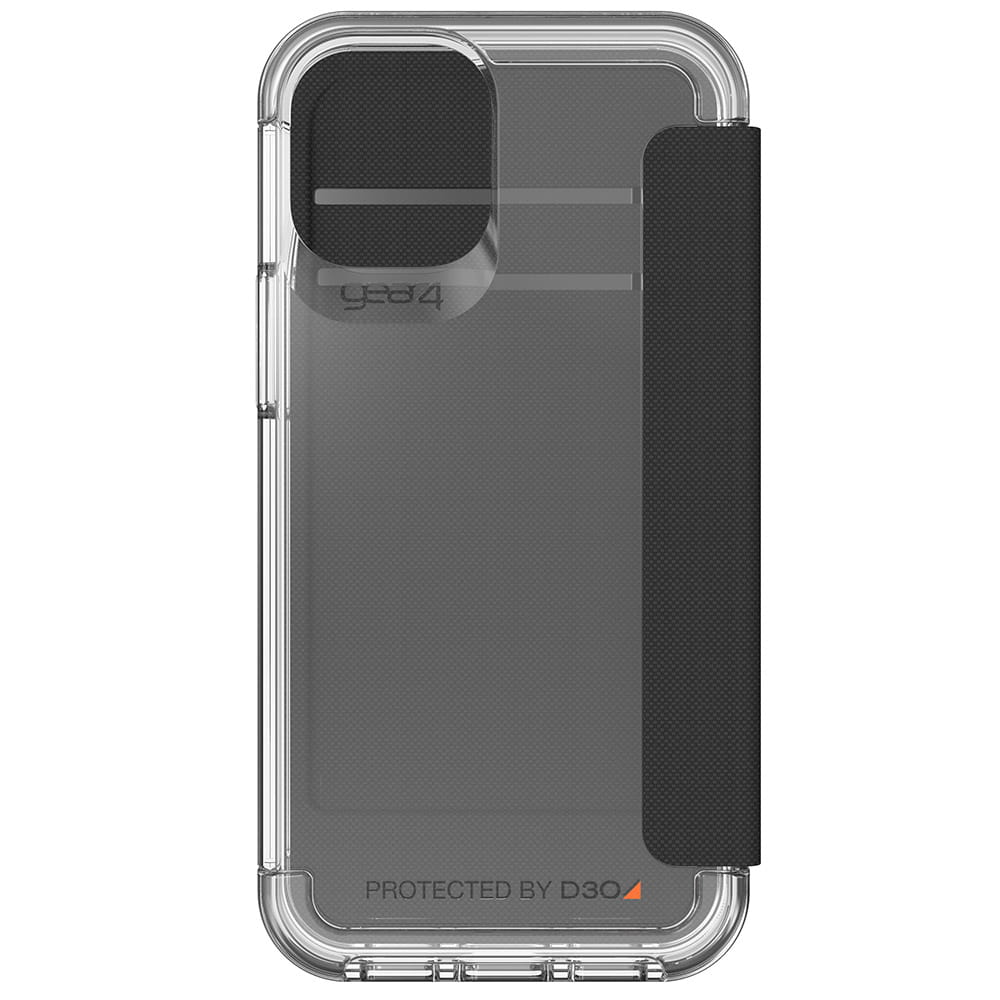 Schutzhülle Gear4 Wembley Flip für iPhone 12 / 12 Pro, transparent-schwarz