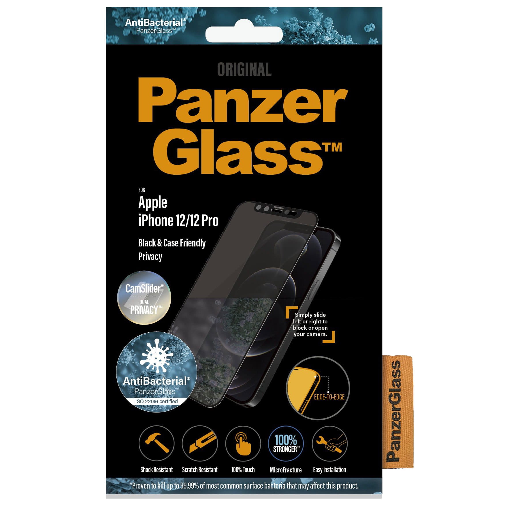 Antibakterielles Glas Panzerglass Case Friendly E2E Dual Privacy CamSlider für iPhone 12 / 12 Pro, abgedunkelt