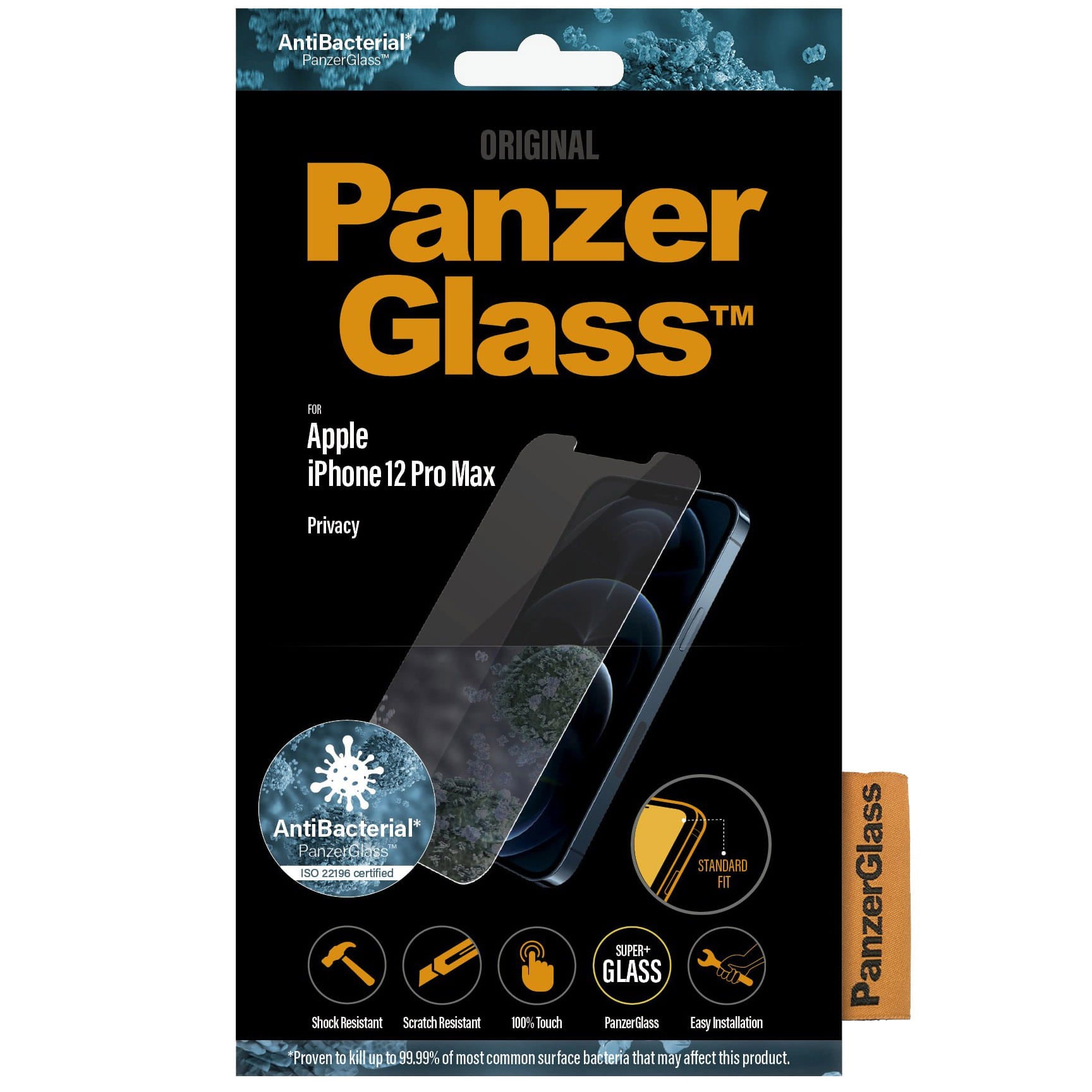 Antibakterielles Glas PanzerGlass Standard Fit Privacy Filter für iPhone 12 Pro Max, abgedunkelt