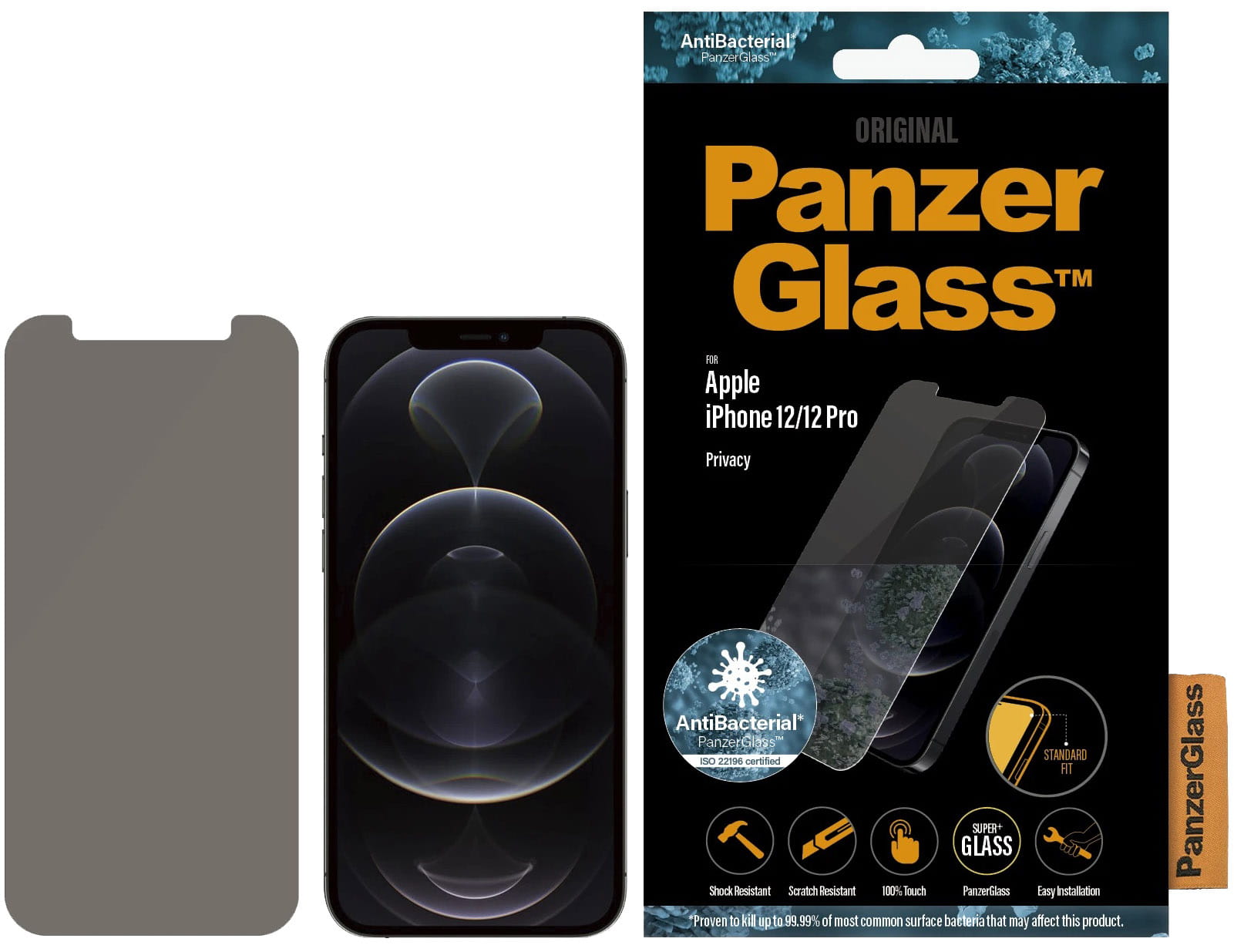 Antibakterielles Glas PanzerGlass Standard Fit Privacy Filter für iPhone 12 / iPhone 12 Pro, abgedunkelt