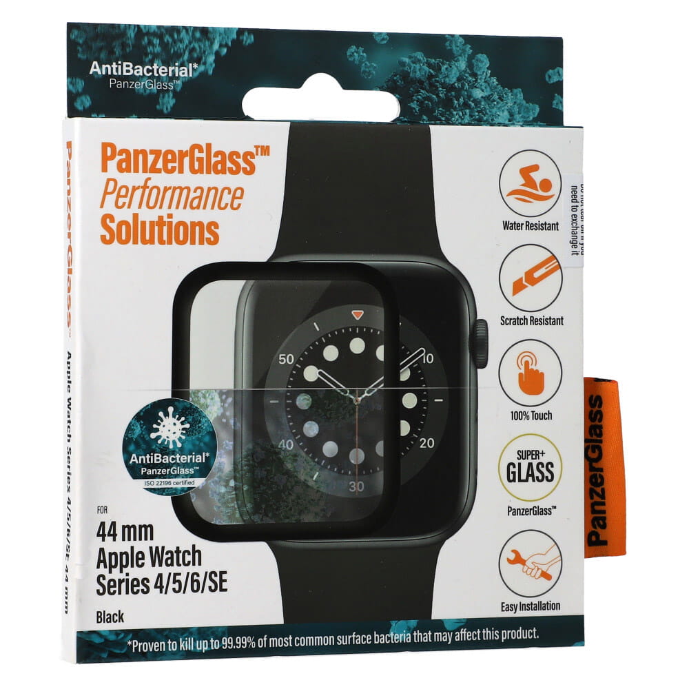 Antibakterielle Glas Panzerglass für Apple Watch 4 / 5 / 6 / SE, 44mm, schwarzer Rahmen