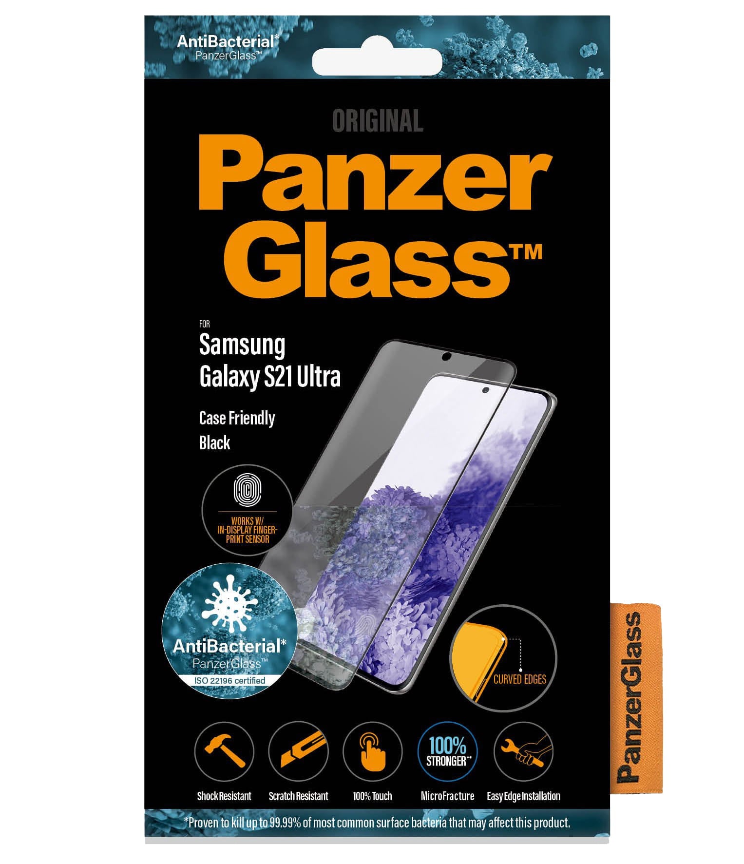 Antibakterielle Glas für die Schutzhülle Panzerglass Case Friendly CE Galaxy S21 Ultra 5G, schwarzer Rahmen