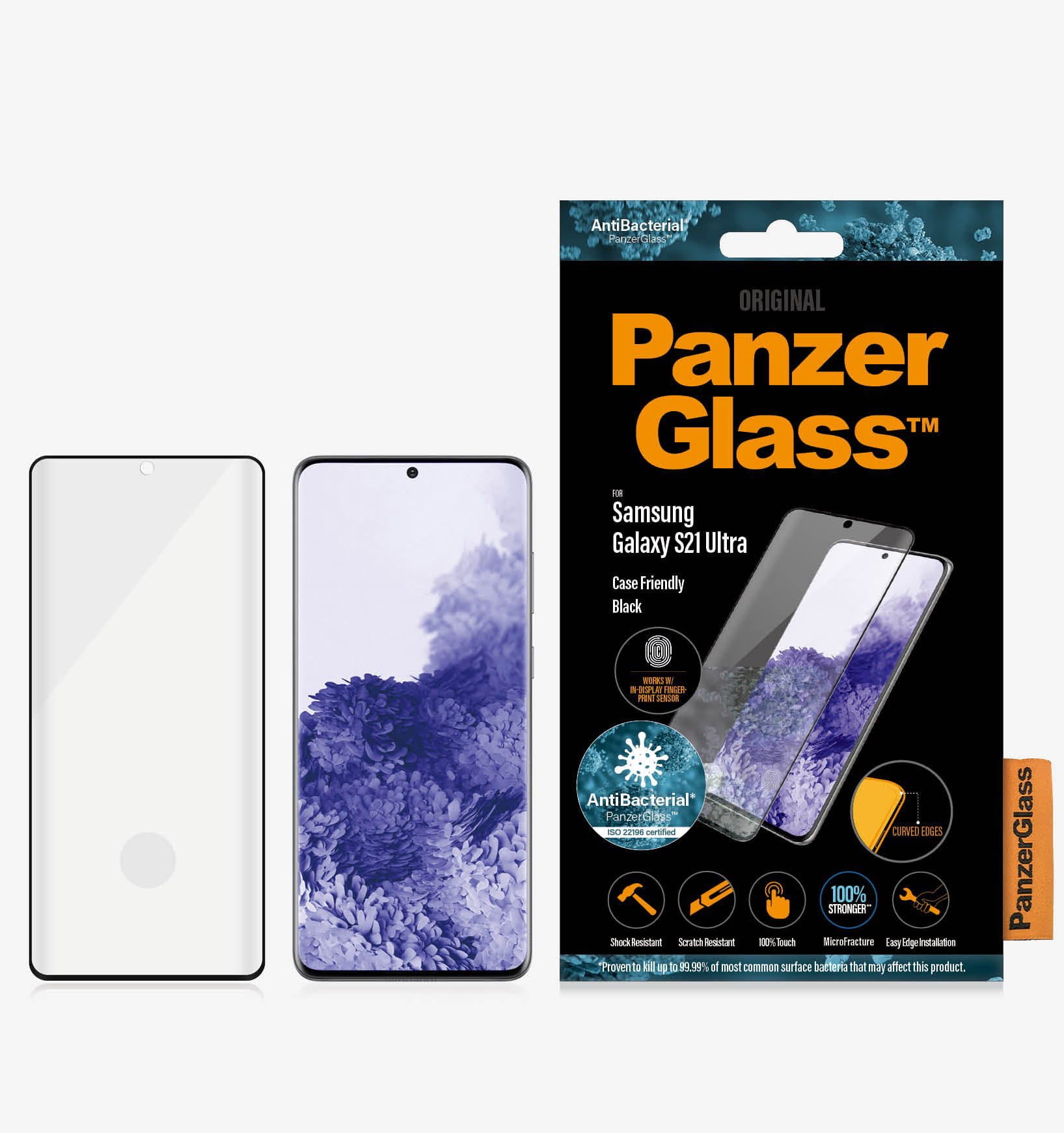 Antibakterielle Glas für die Schutzhülle Panzerglass Case Friendly CE Galaxy S21 Ultra 5G, schwarzer Rahmen