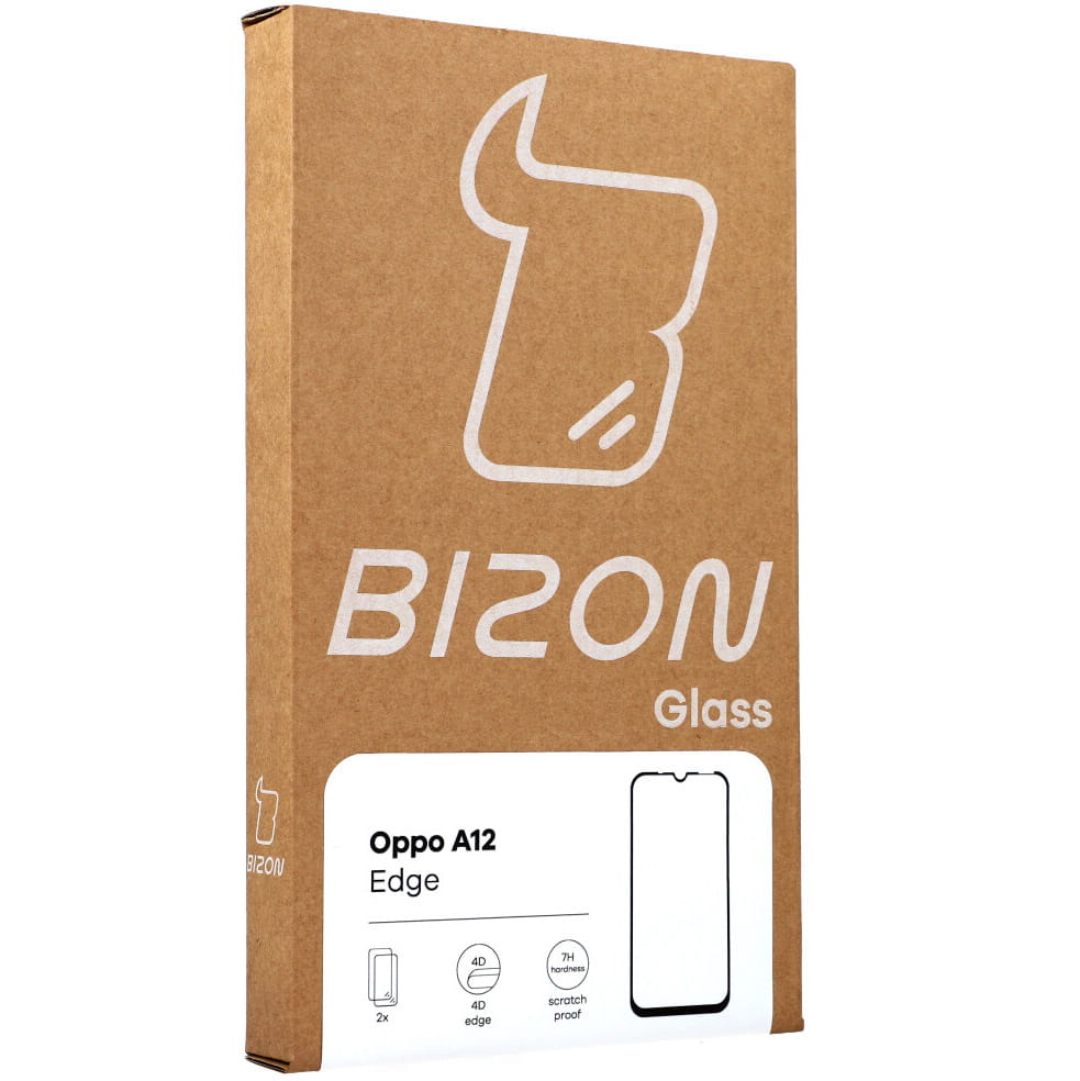 Gehärtetes Glas Bizon Glass Edge - 2 Stück + Kameraschutz für Oppo A12, schwarzer Rahmen