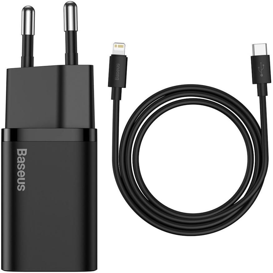 Wandladegerät Baseus Super Si USB-C 20W + kabel Lightning, Schwarz