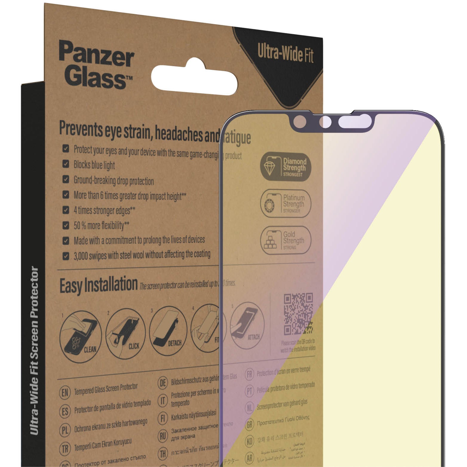 Gehärtetes Glas für das gesamte Display PanzerGlass Ultra-Wide Fit Anti-blue Light + EasyAligner für iPhone 14 / 13 Pro / 13, schwarzer Rahmen