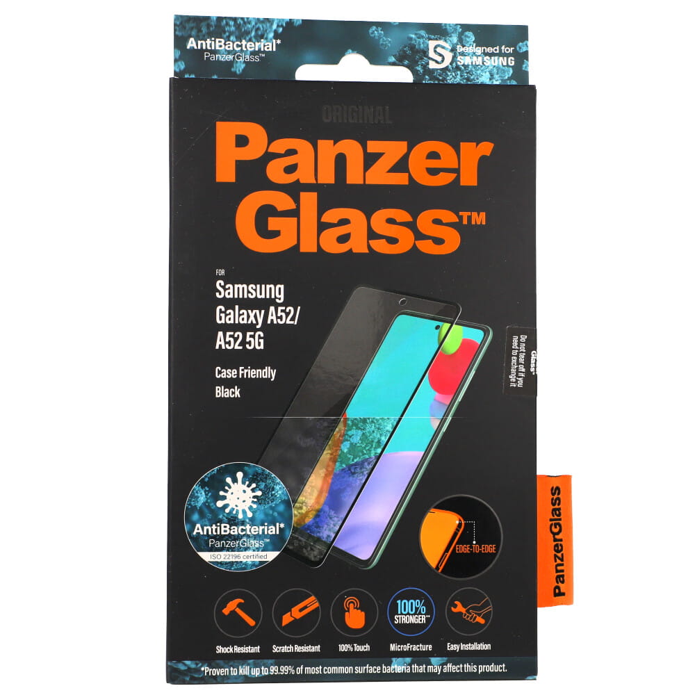 Antibakterielle Glas für die Schutzhülle Panzerglass Case Friendly E2E Galaxy A52s 5G, A52 4G/5G, schwarzer Rahmen