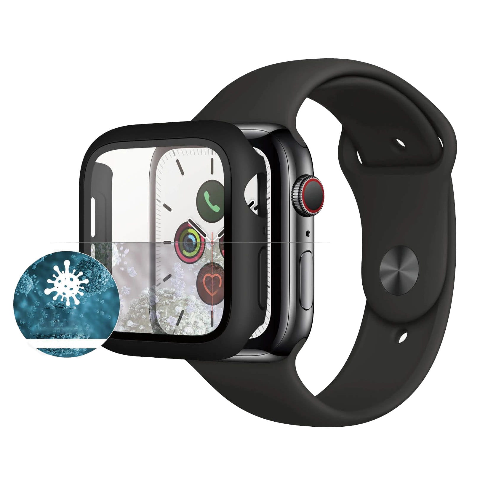 Antibakterielles Glas + Schutzhülle Panzerglass Full Body für Apple Watch SE/ SE 2022/ 6/ 5/ 4, 40mm, schwarzer Rahmen