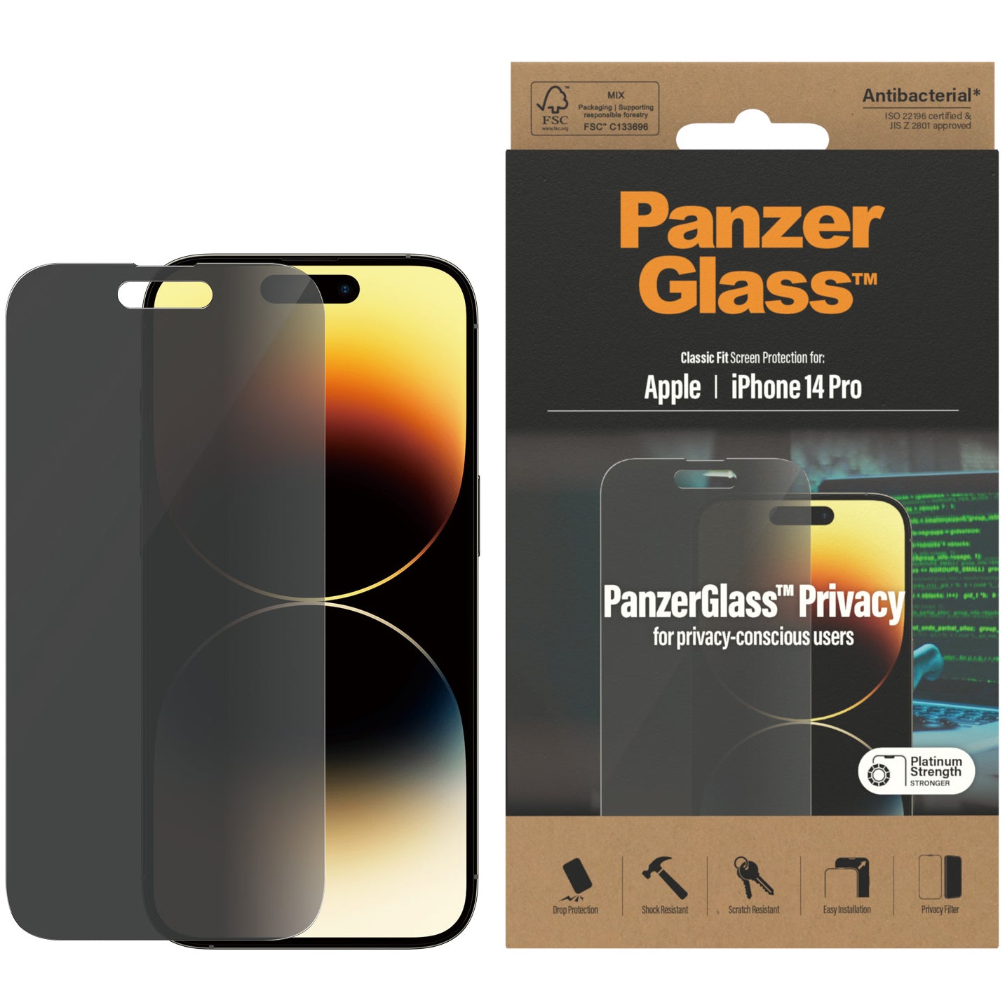 Gehärtetes Glas PanzerGlass Classic Fit Privacy für iPhone 14 Pro, Getönte