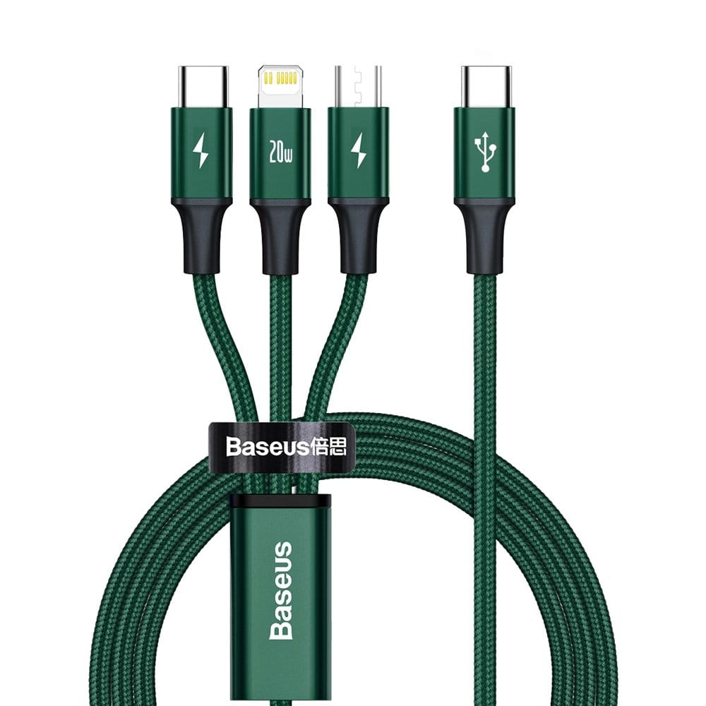 Kabel Baseus Rapid 3in1 USB-C für USB-C / Lightning / MicroUSB 20W 1,5m, Grün