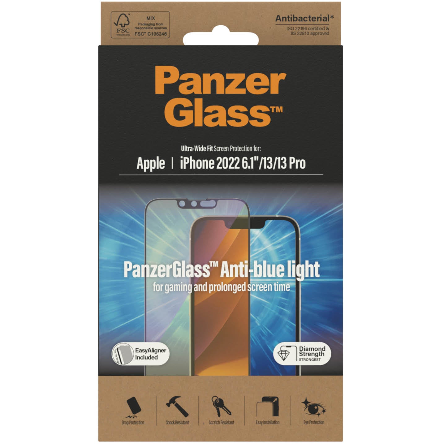 Gehärtetes Glas für das gesamte Display PanzerGlass Ultra-Wide Fit Anti-blue Light + EasyAligner für iPhone 14 / 13 Pro / 13, schwarzer Rahmen