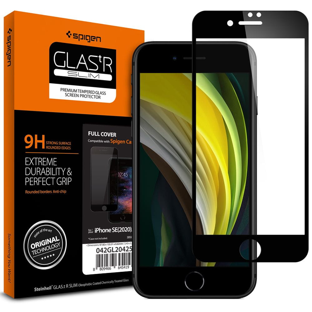 Glas für die Schutzhülle Spigen Glas.tR Slim FC  iPhone SE 2020 8/7 schwarzer Rahmen