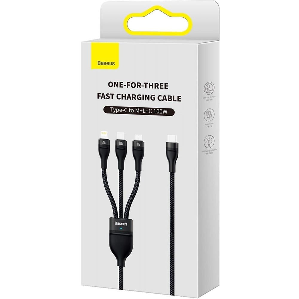 Kabel Baseus Flash Series II 3in1 USB-C für USB-C/ Lighning/ MicroUSB, 1,5m, 100 W, Schwarz