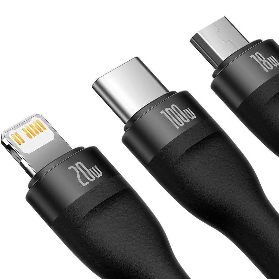 Kabel Baseus Flash Series II 3in1 USB-C für USB-C/ Lighning/ MicroUSB, 1,5m, 100 W, Schwarz