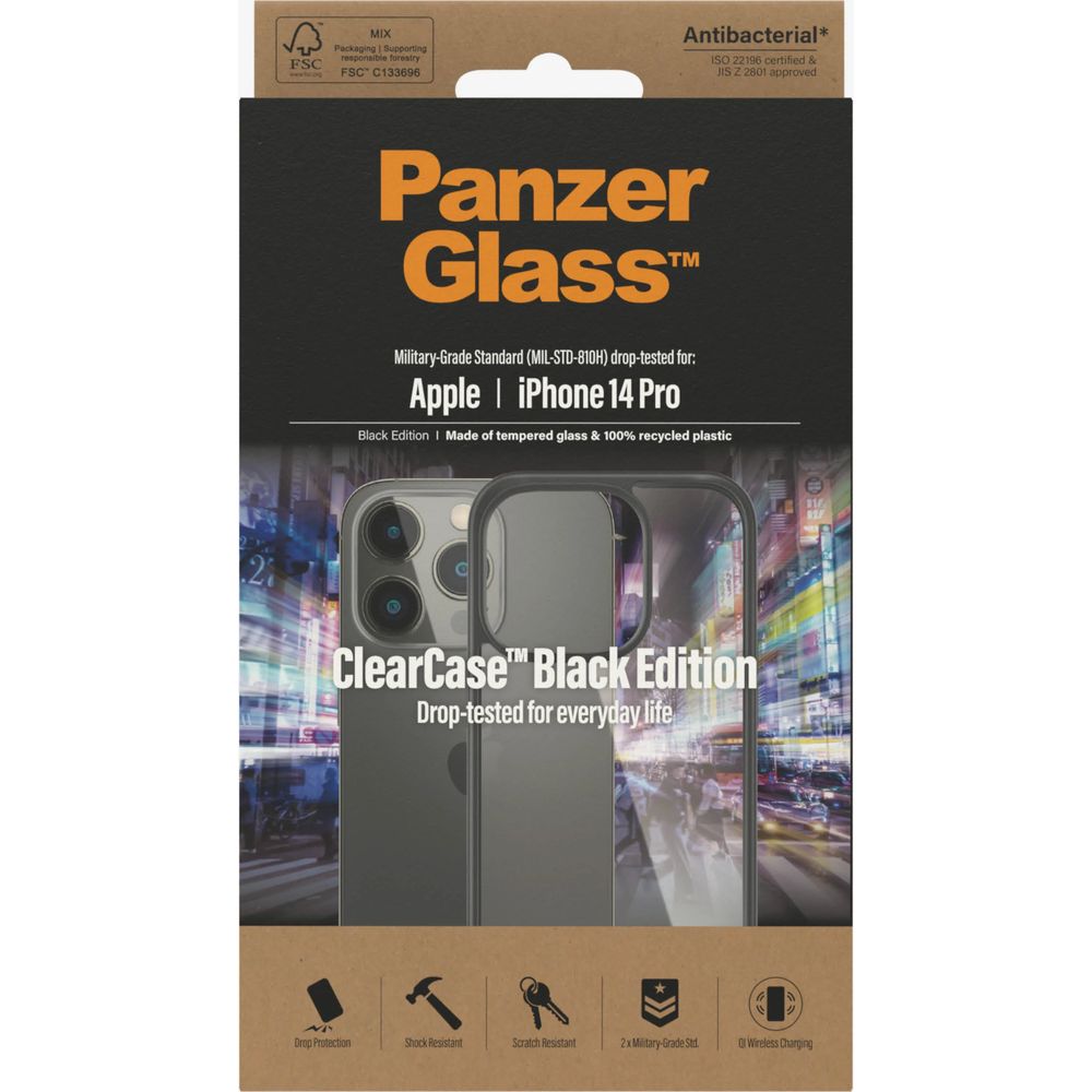 Antibakterielle Schutzhülle PanzerGlass ClearCase für iPhone 14 Pro, Schwarzer Rahmen