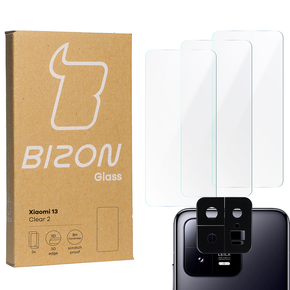 Gehärtetes Glas - 3 Stück + Kameraschutz, Xiaomi 13, Bizon Glass Clear 2 Pack