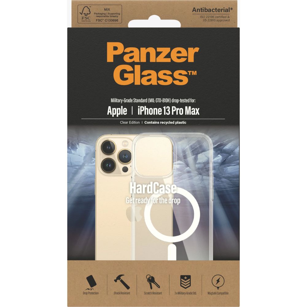 Antibakterielle Schutzhülle PanzerGlass HardCase MagSafe für iPhone 13 Pro Max, Transparent-Weiß