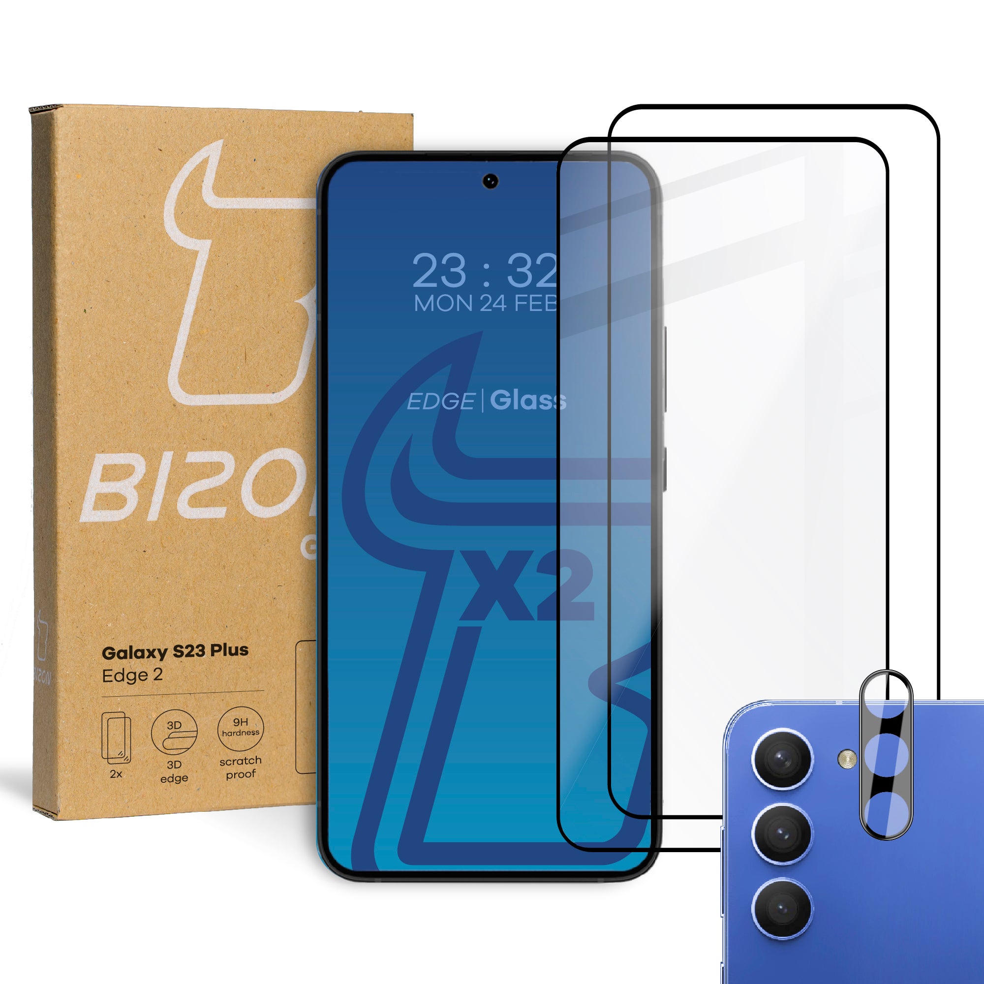 Gehärtetes Glas - 2 Stück + Kameraschutz für Galaxy S23 Plus, Bizon Glass Edge 2 Pack, Schwarz