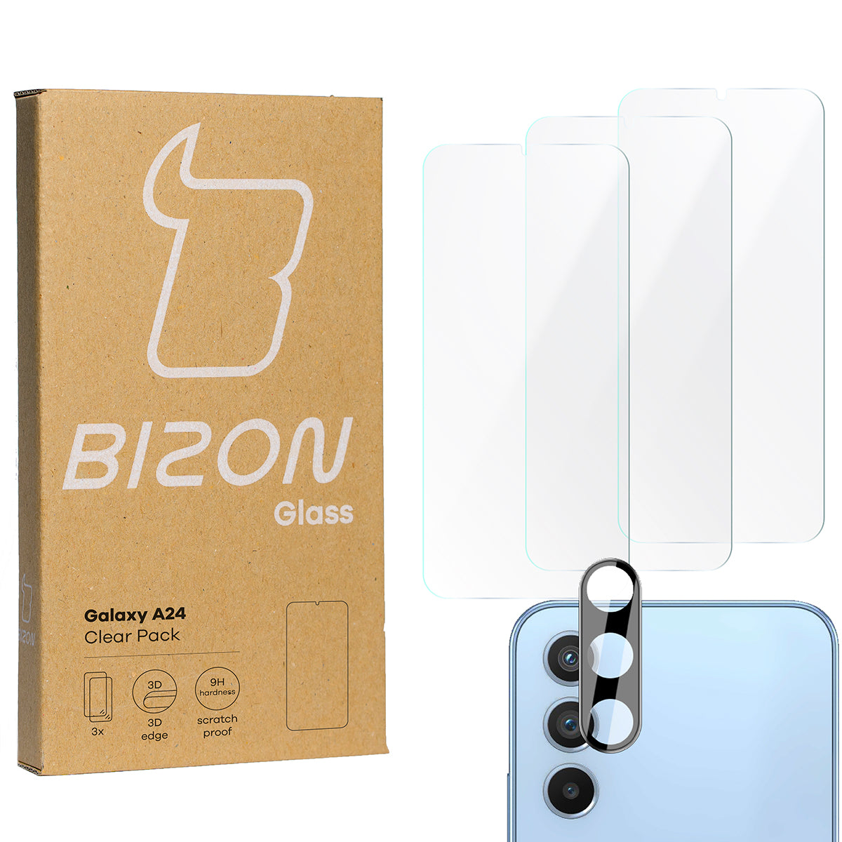 Gehärtetes Glas Bizon Glass Clear Pack - 3 Stück + Kameraschutz, Galaxy A24