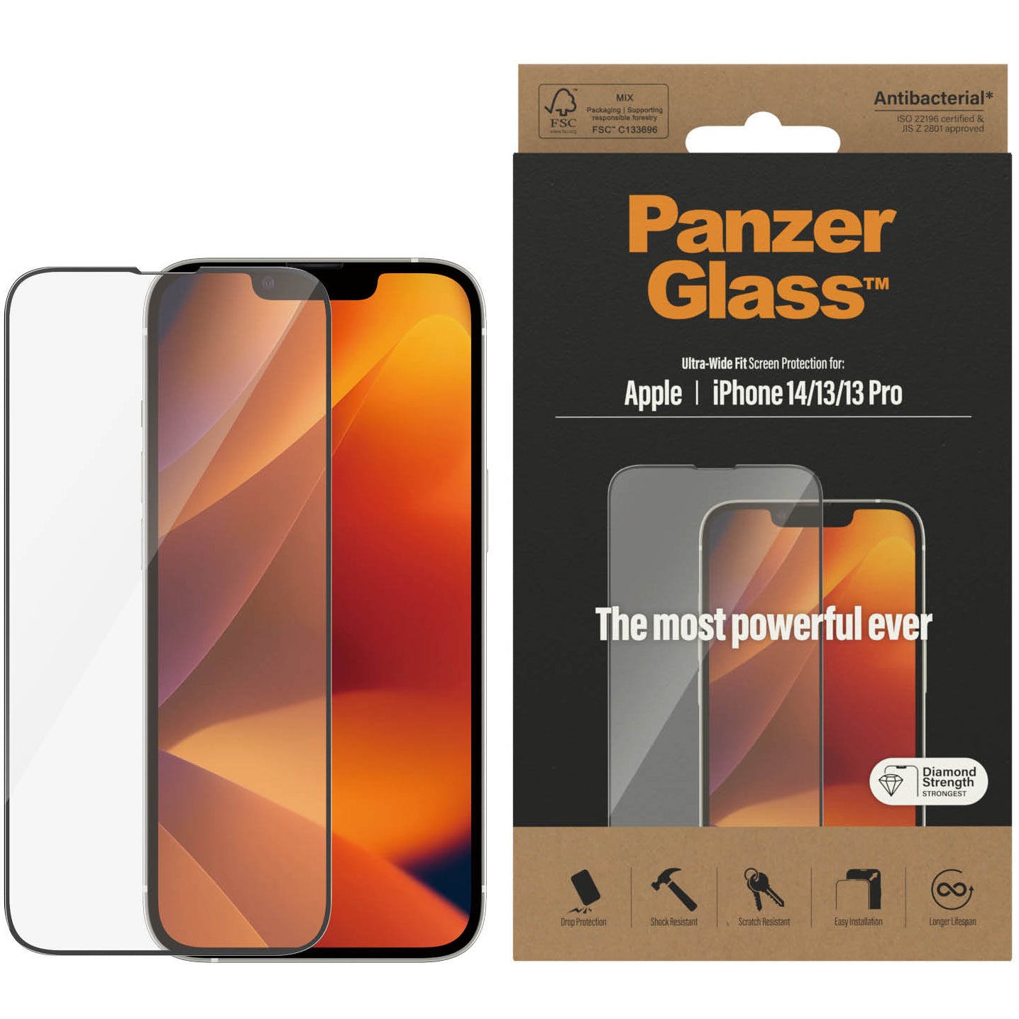 Gehärtetes Glas für iPhone 16e / 14 / 13 Pro / 13 für das gesamte Display, PanzerGlass Ultra-Wide Fit, schwarzer Rahmen
