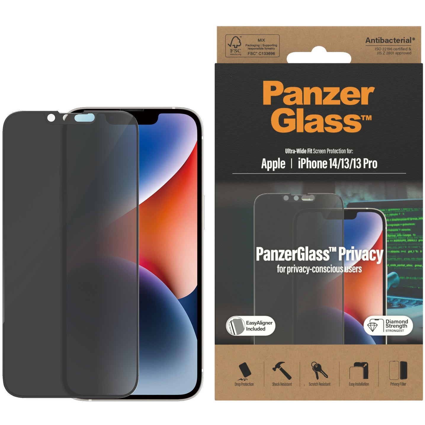 Gehärtetes Glas für das gesamte Display PanzerGlass Ultra-Wide Fit Privacy + EasyAligner für iPhone 14 / 13 Pro / 13, Getönte mit schwarzer Rahmen