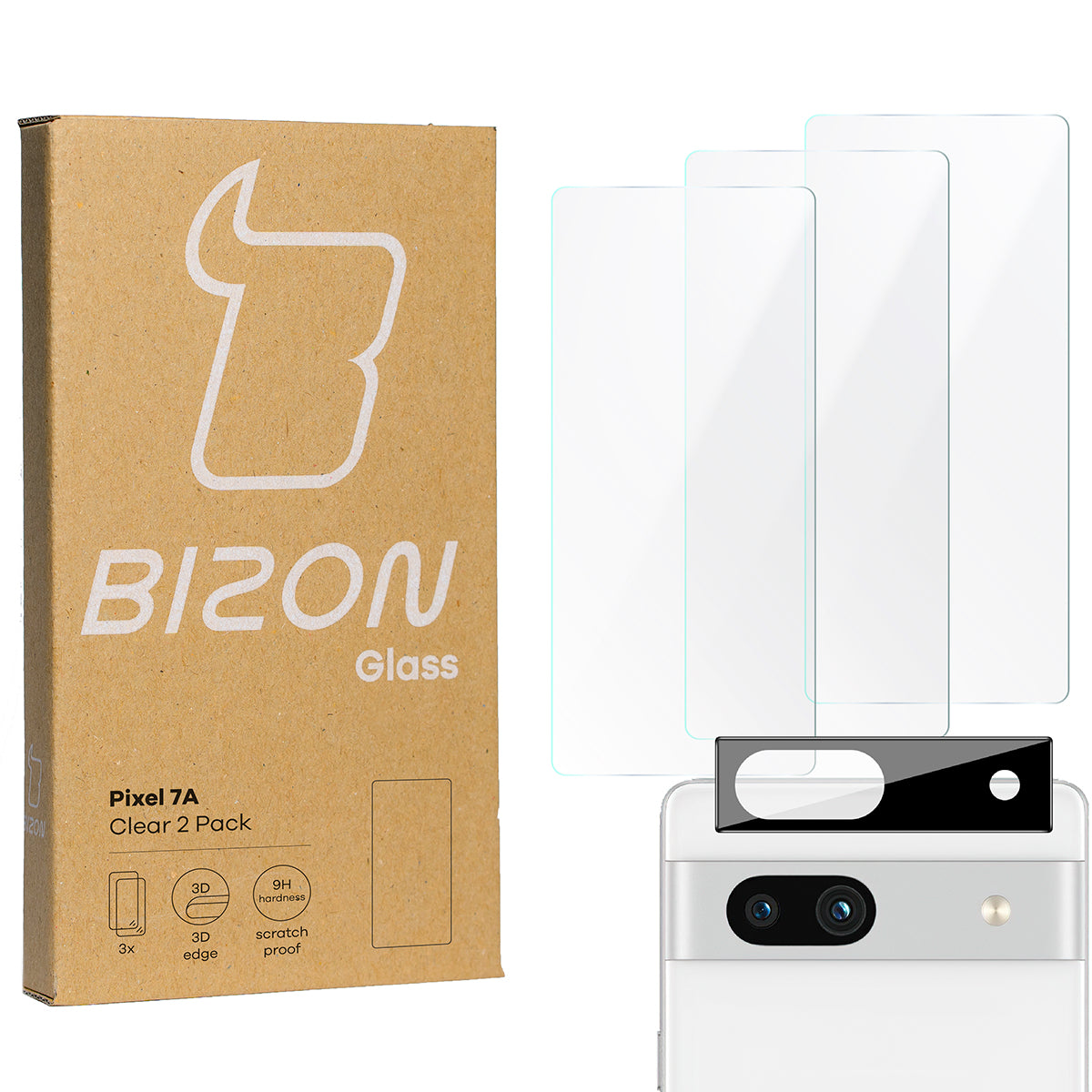 Gehärtetes Glas Bizon Glass Clear 2 Pack - 3 Stück + Kameraschutz, Pixel 7A