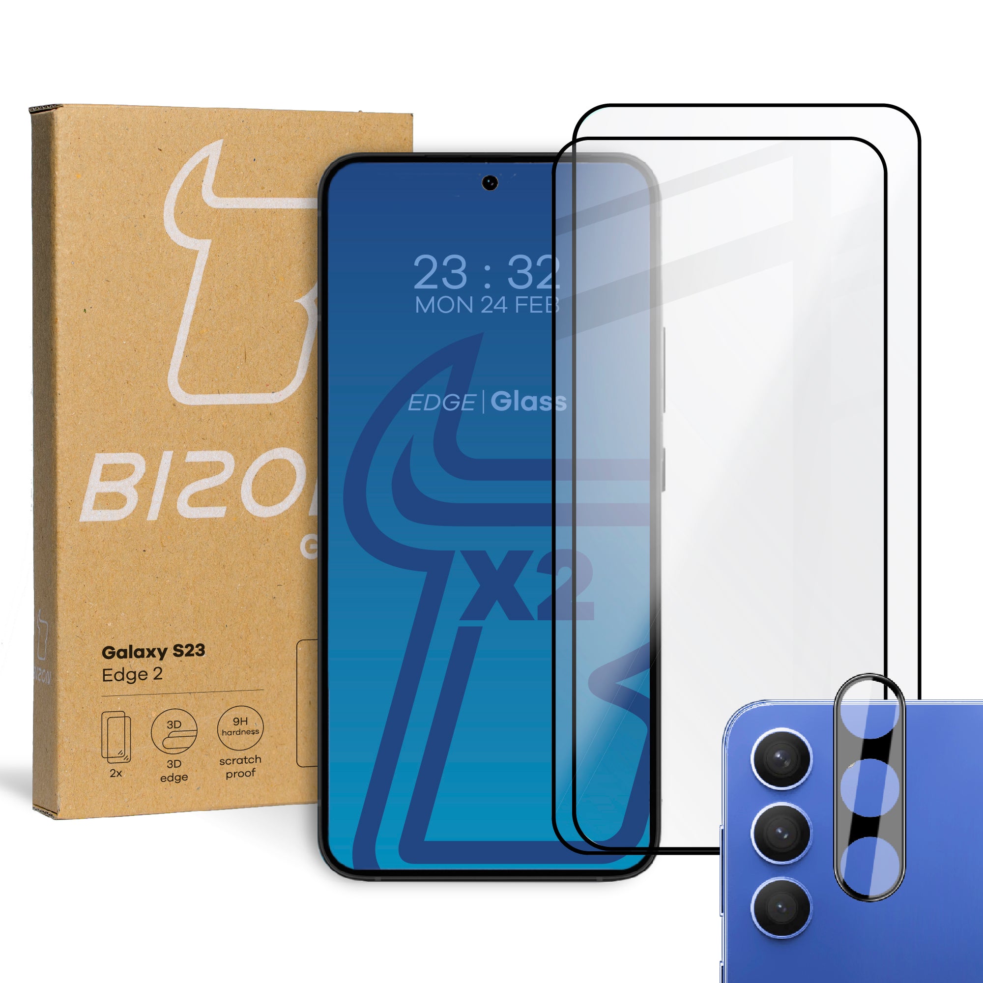 Gehärtetes Glas - 2 Stück + Kameraschutz für Galaxy S23, Bizon Glass Edge 2 Pack, Schwarz