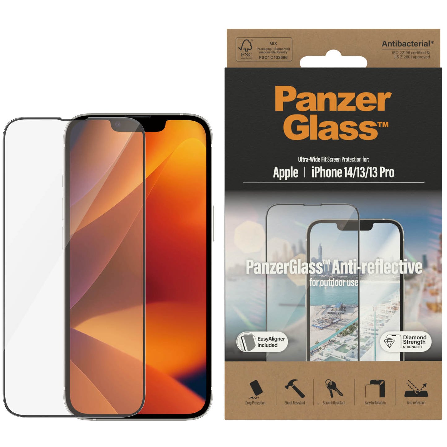 Gehärtetes Glas für das gesamte Display PanzerGlass Ultra-Wide Fit Anti-reflective + EasyAligner für iPhone 14 / 13 Pro / 13, schwarzer Rahmen