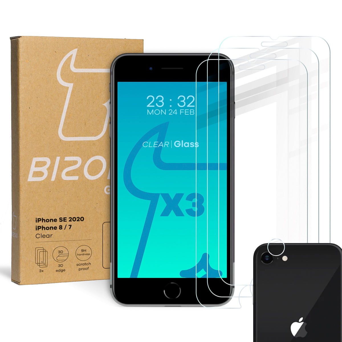 Gehärtetes Glas Bizon Glass Clear - 3 Stück + Kameraschutz, iPhone SE 2022/2020, 8/7