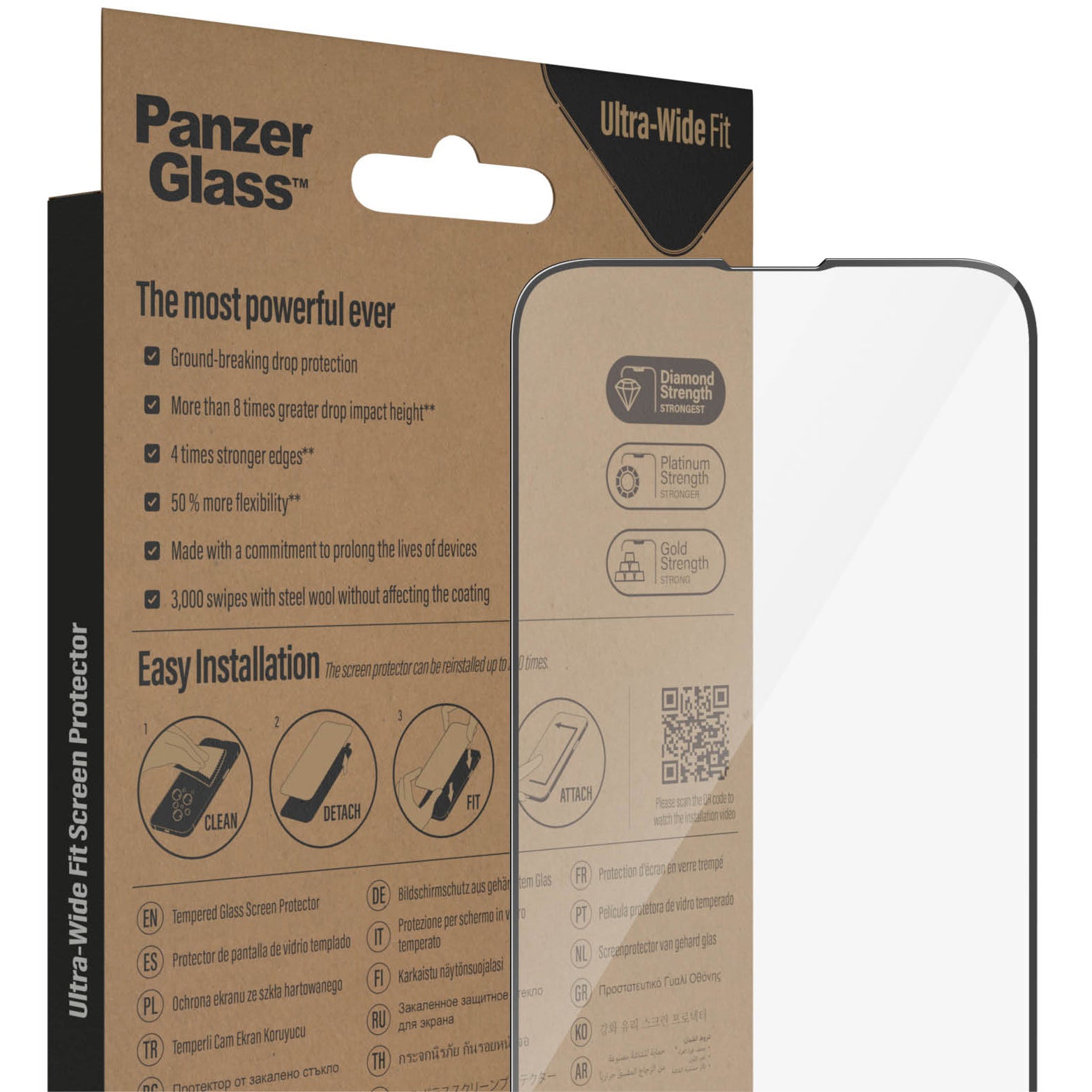 Gehärtetes Glas für iPhone 16e / 14 / 13 Pro / 13 für das gesamte Display, PanzerGlass Ultra-Wide Fit, schwarzer Rahmen