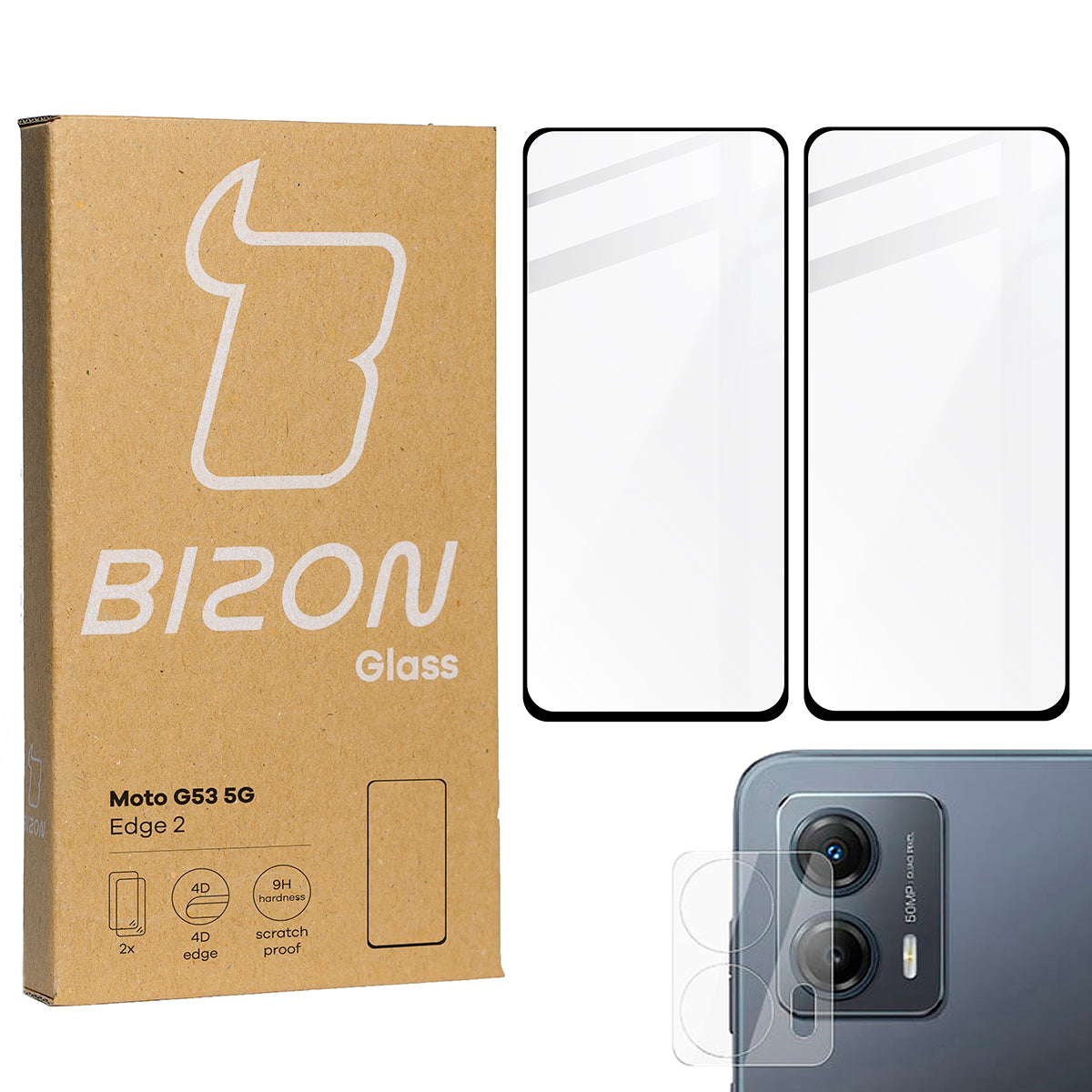 Gehärtetes Glas Bizon Glass Edge 2 - 2 Stück + Kameraschutz für Moto G53 5G, Schwarz
