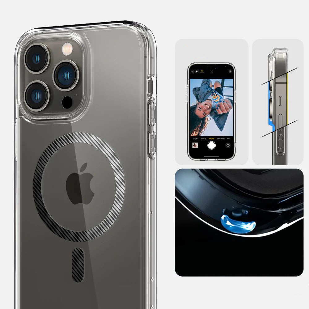 Schutzhülle Spigen Ultra Hybrid Mag mit MagSafe für iPhone 14 Pro, Transparent-Schwarz-Carbon