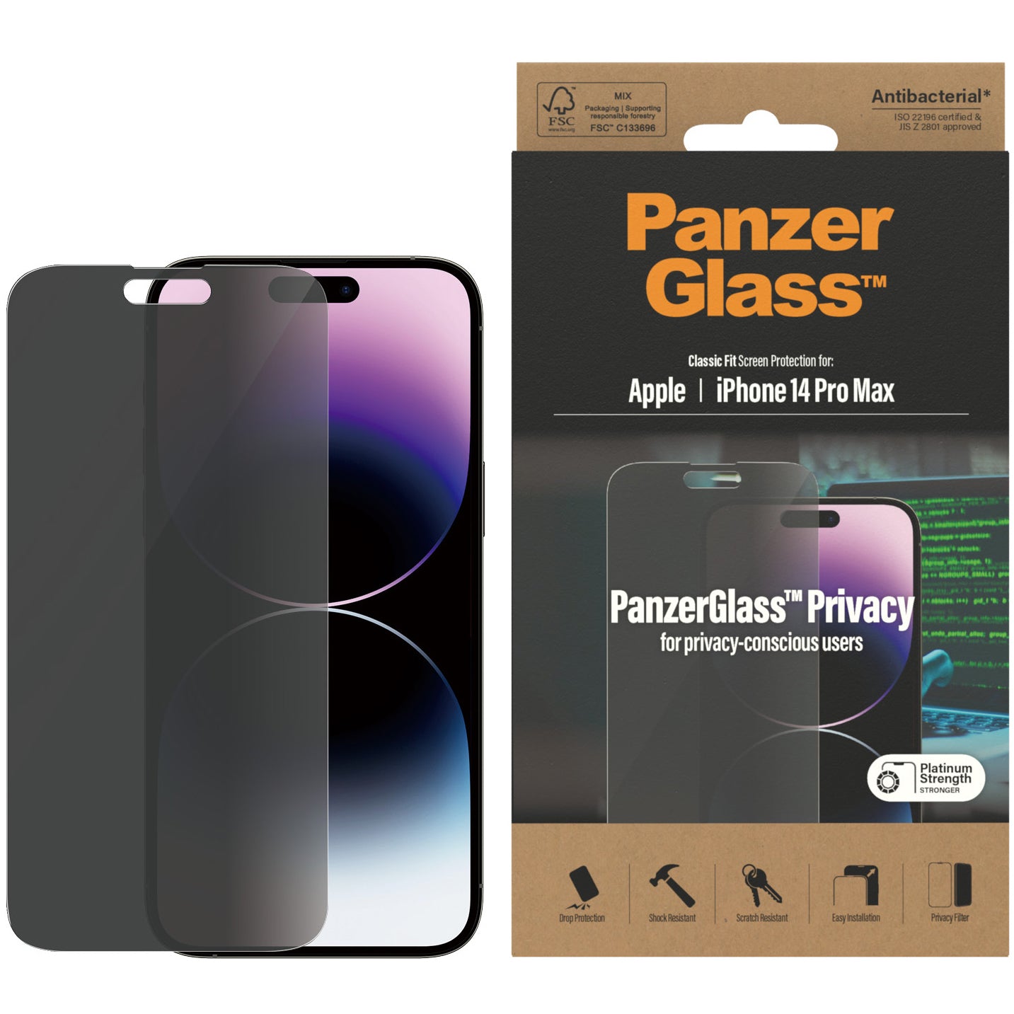 Gehärtetes Glas PanzerGlass Classic Fit Privacy für iPhone 14 Pro Max, Getönte