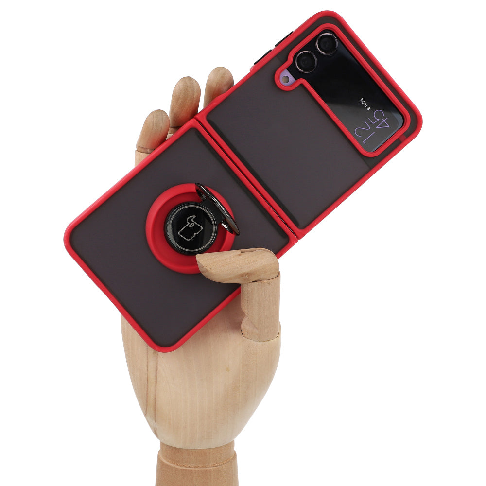 Handyhülle mit Fingergriff für Galaxy Z Flip4, Bizon Case Hybrid Ring, getönt mit rotem Rahmen