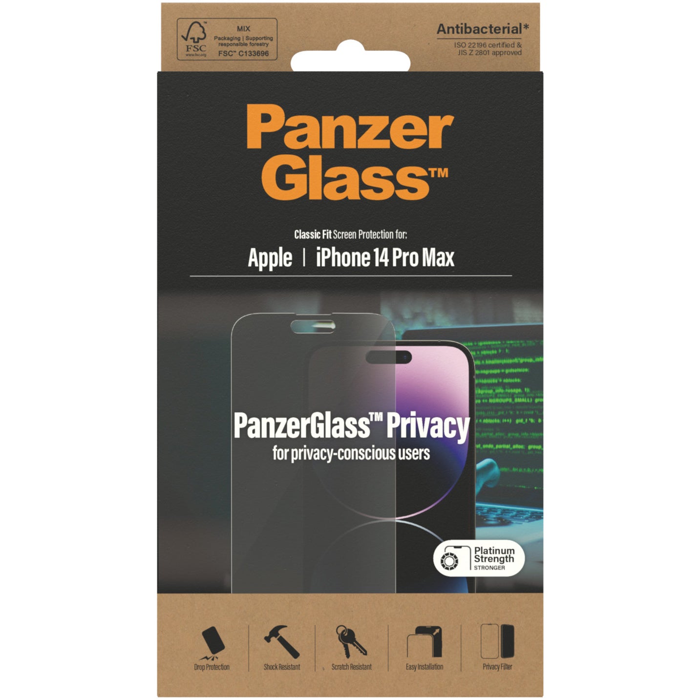 Gehärtetes Glas PanzerGlass Classic Fit Privacy für iPhone 14 Pro Max, Getönte