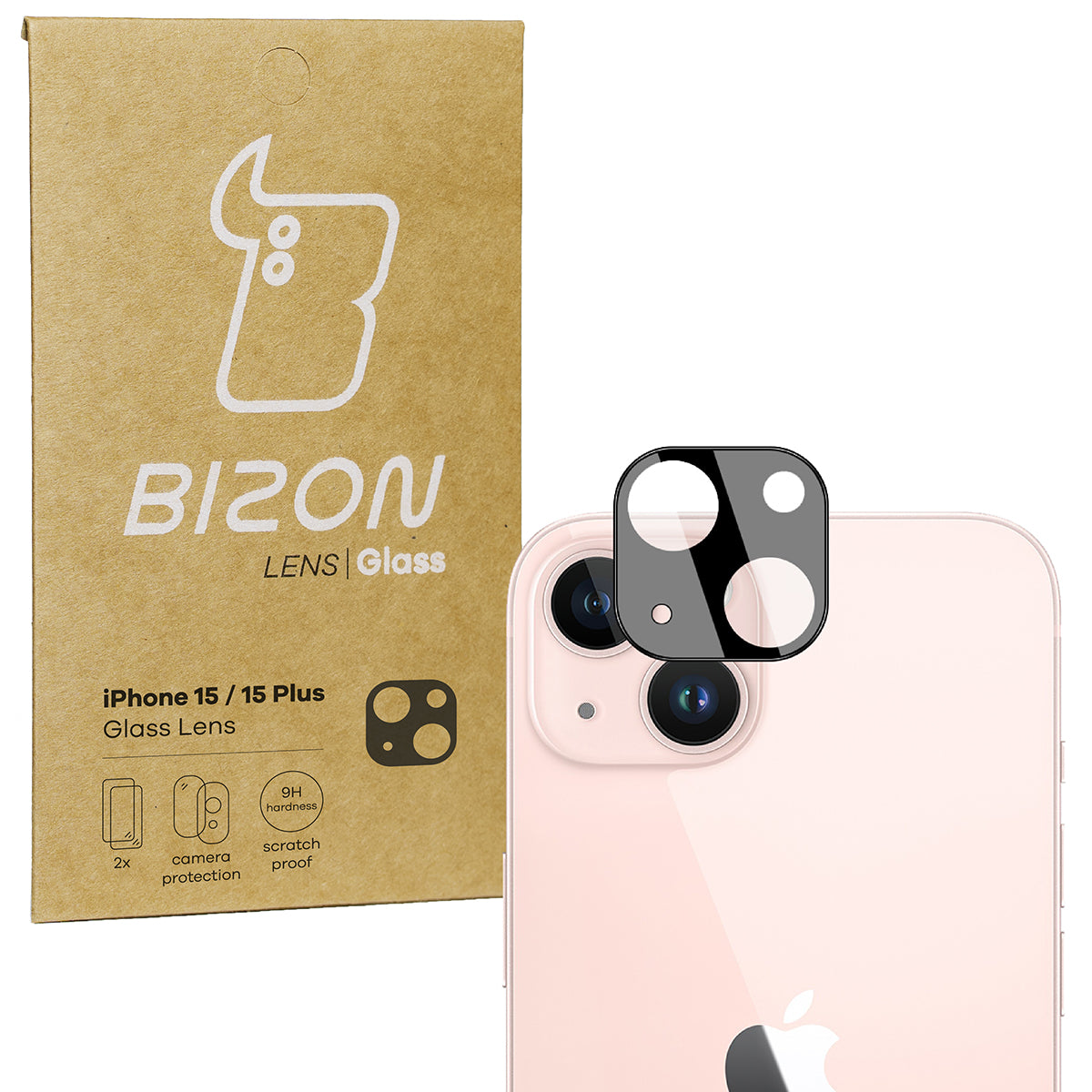 Gehärtetes Glas für die Kamera Bizon Glass Silk Lens für iPhone 15 / iPhone 15 Plus, 2 Stück
