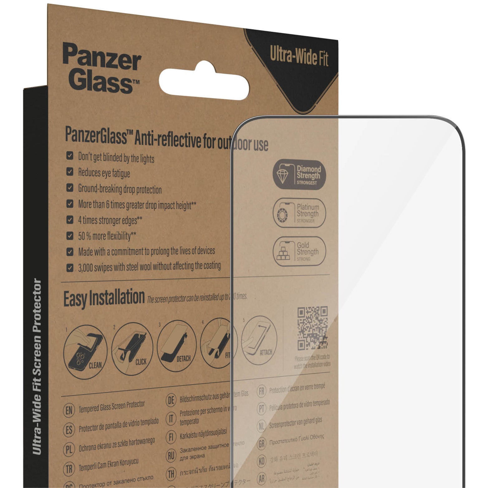 Gehärtetes Glas für das gesamte Display PanzerGlass Ultra-Wide Fit Anti-reflective + EasyAligner für iPhone 14 Pro Max, schwarzer Rahmen